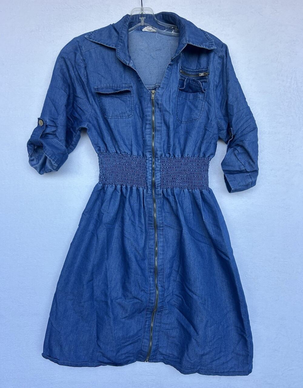 Maya Rose Blue Denim Cotton Shirt Dress Zip Front Smocked Collared 3/4 L
